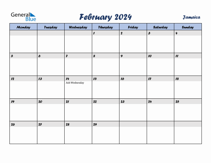 February 2024 Calendar with Holidays in Jamaica