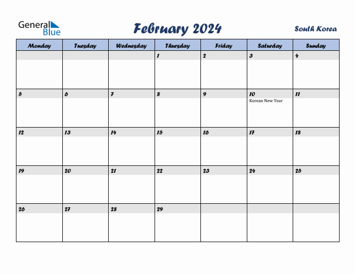 February 2024 Calendar with Holidays in South Korea