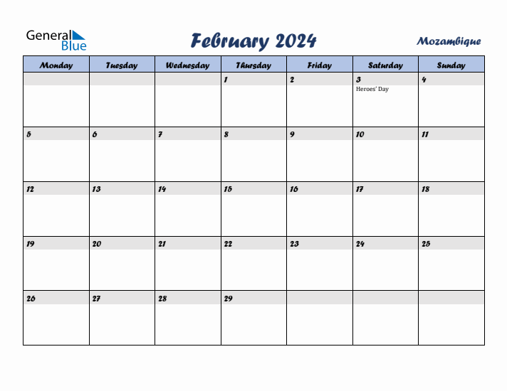 February 2024 Calendar with Holidays in Mozambique