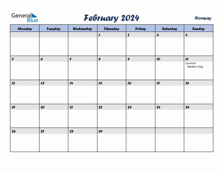 February 2024 Calendar with Holidays in Norway