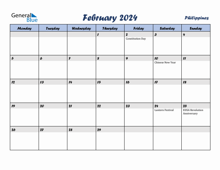 February 2024 Philippines Monthly Calendar with Holidays