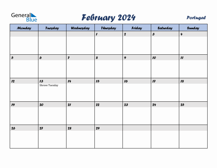 February 2024 Calendar with Holidays in Portugal