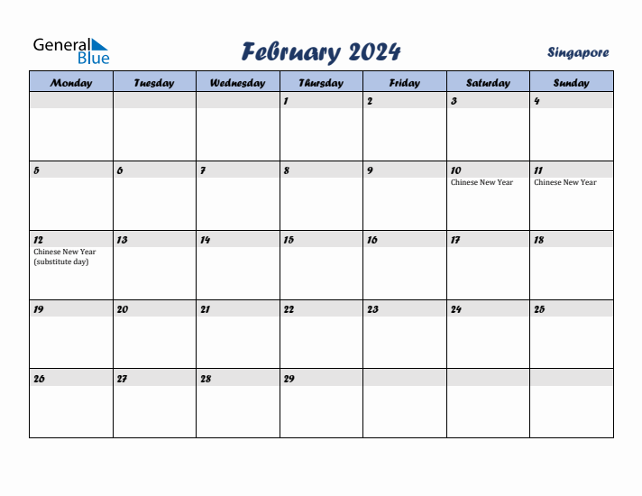 February 2024 Calendar with Holidays in Singapore
