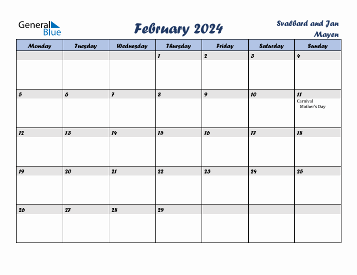 February 2024 Calendar with Holidays in Svalbard and Jan Mayen