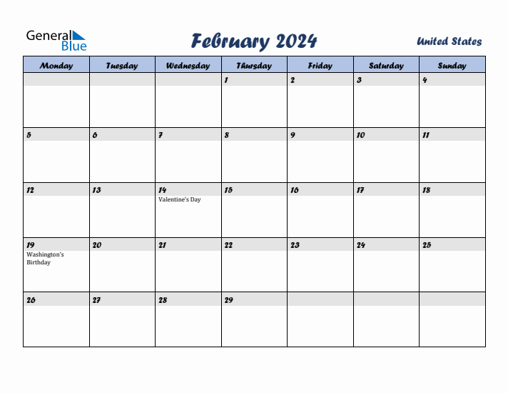 February 2024 Calendar with Holidays in United States