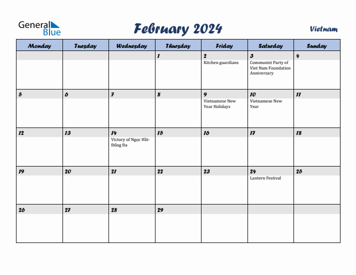 February 2024 Calendar with Holidays in Vietnam