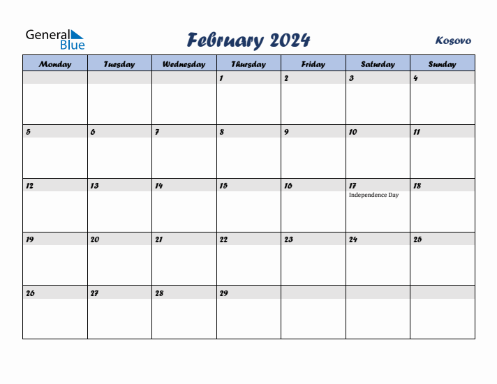 February 2024 Calendar with Holidays in Kosovo
