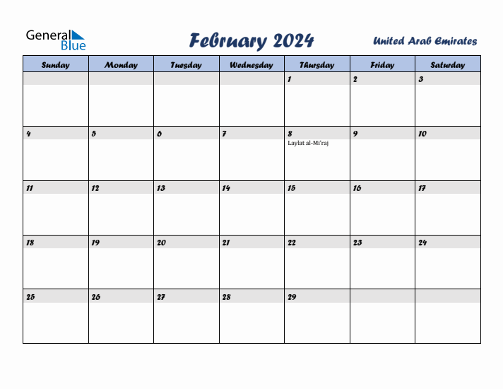 February 2024 Calendar with Holidays in United Arab Emirates