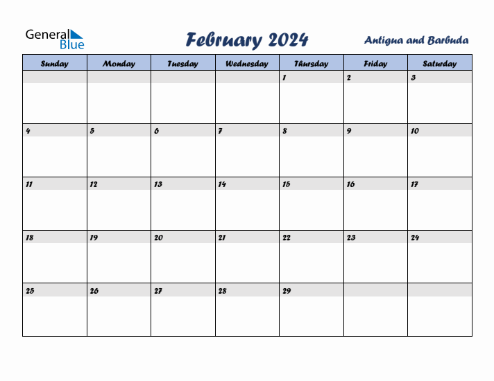 February 2024 Calendar with Holidays in Antigua and Barbuda