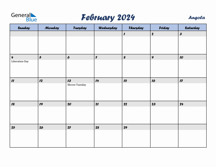 February 2024 Calendar with Holidays in Angola