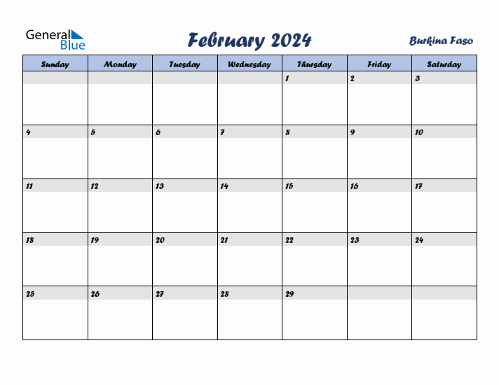 February 2024 Calendar with Holidays in Burkina Faso