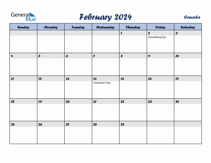 February 2024 Monthly Calendar Template with Holidays for Canada