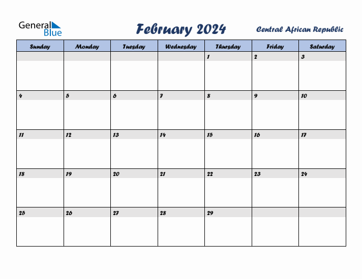 February 2024 Calendar with Holidays in Central African Republic