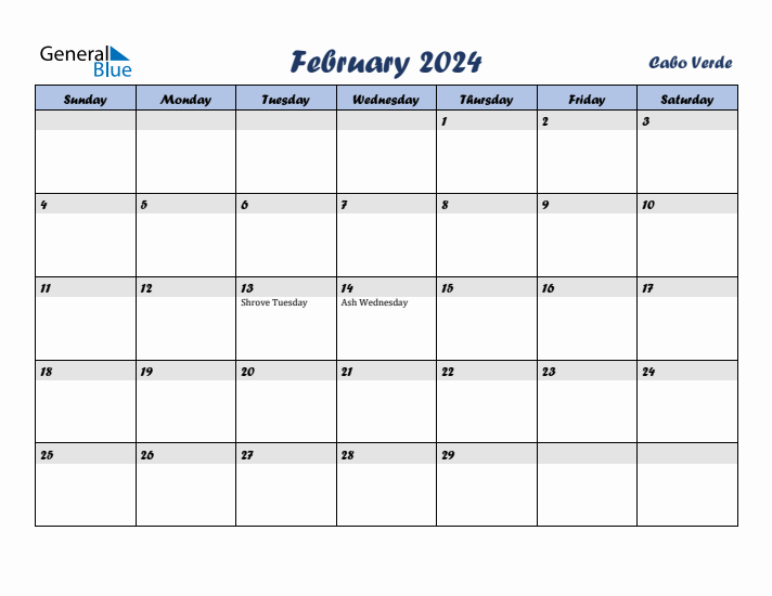 February 2024 Calendar with Holidays in Cabo Verde