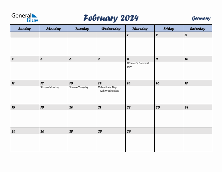 February 2024 Monthly Calendar with Germany Holidays