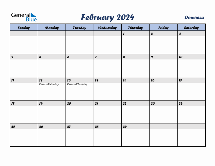 February 2024 Calendar with Holidays in Dominica