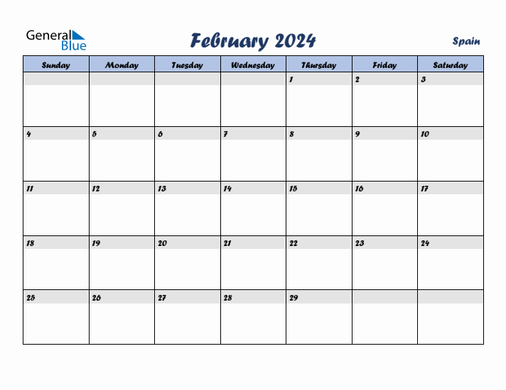 February 2024 Monthly Calendar Template with Holidays for Spain
