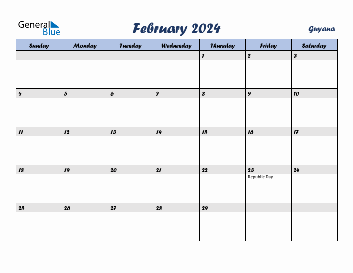 February 2024 Calendar with Holidays in Guyana