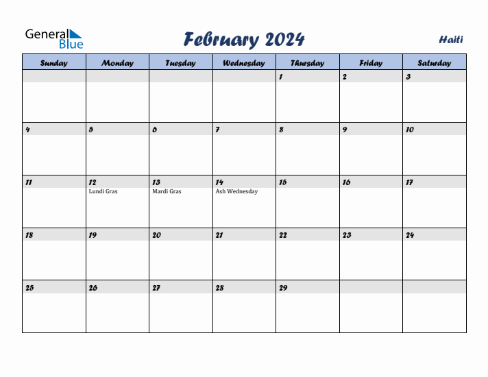 February 2024 Calendar with Holidays in Haiti