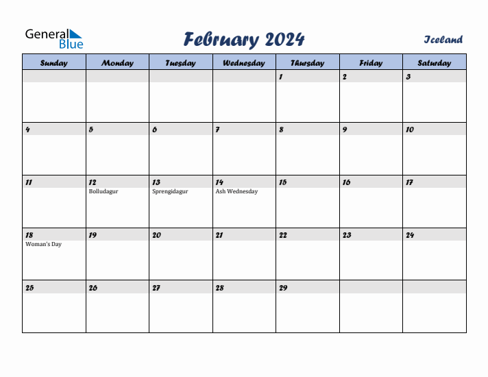 February 2024 Calendar with Holidays in Iceland