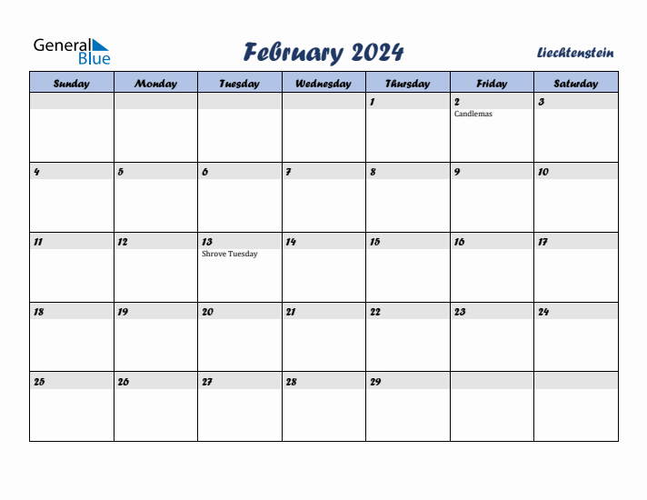 February 2024 Calendar with Holidays in Liechtenstein