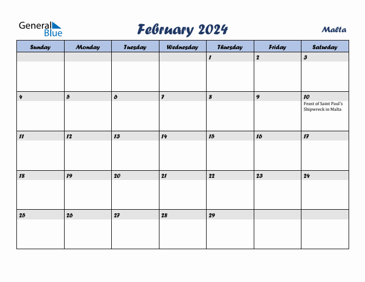 February 2024 Calendar with Holidays in Malta