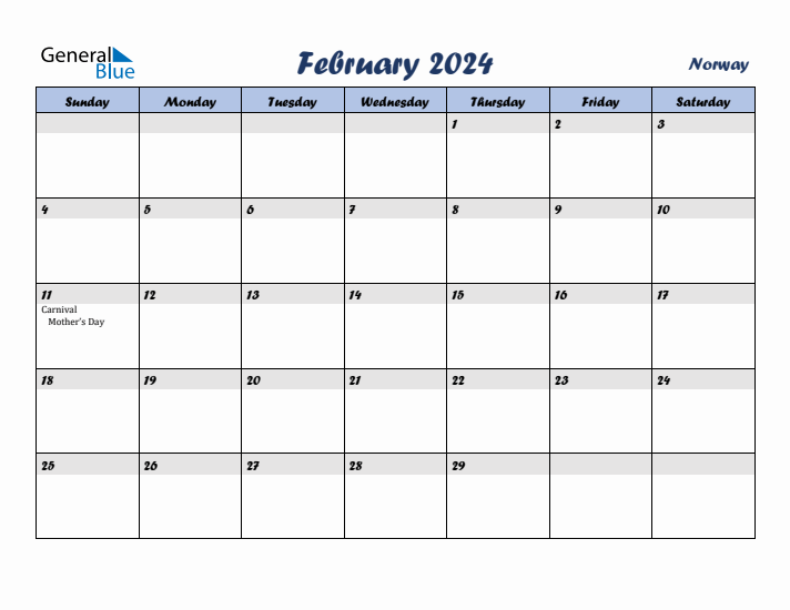 February 2024 Calendar with Holidays in Norway