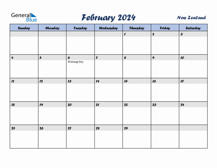 February 2024 Monthly Calendar with New Zealand Holidays
