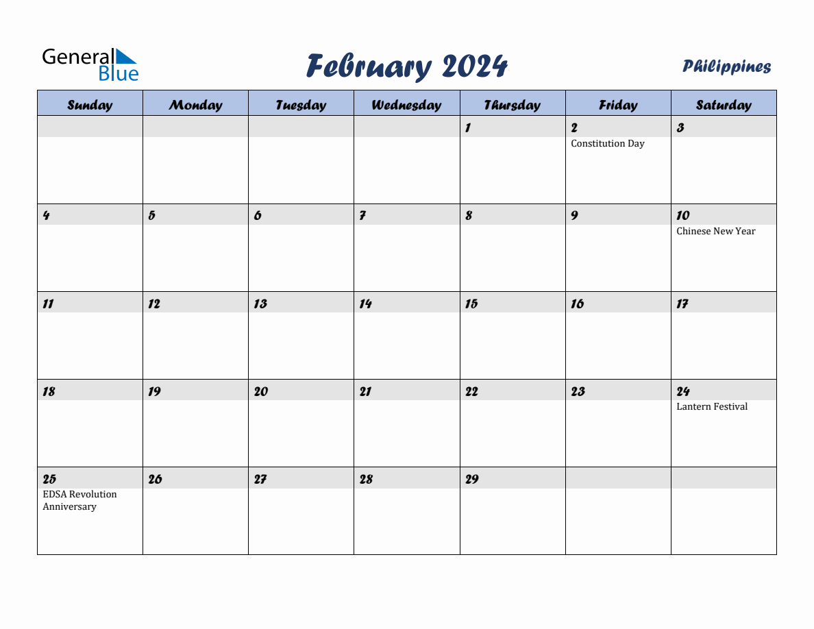 February 2024 Monthly Calendar Template with Holidays for Philippines