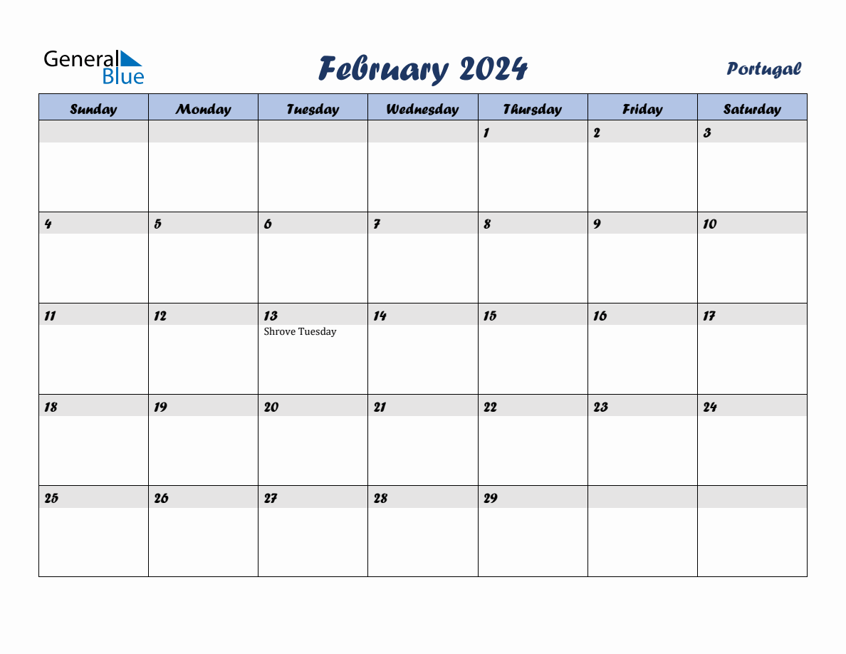 February 2024 Monthly Calendar Template with Holidays for Portugal