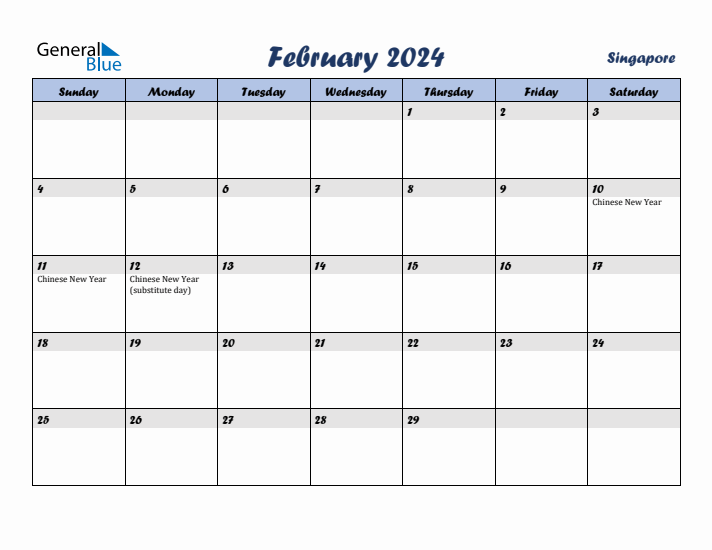 February 2024 Monthly Calendar Template with Holidays for Singapore