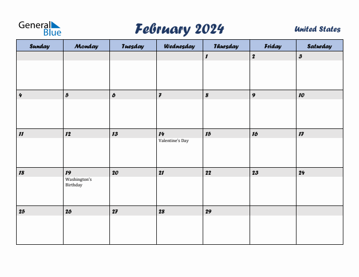 February 2024 Monthly Calendar Template with Holidays for United States