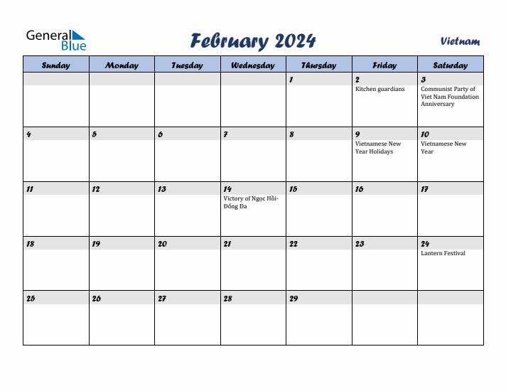 February 2024 Calendar with Holidays in Vietnam