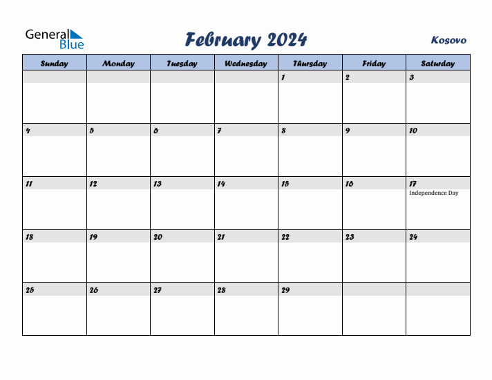 February 2024 Calendar with Holidays in Kosovo