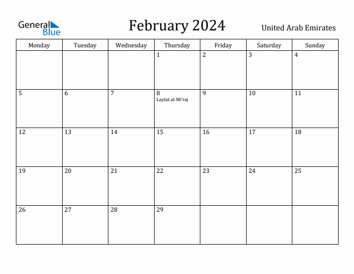 February 2024 Calendar United Arab Emirates