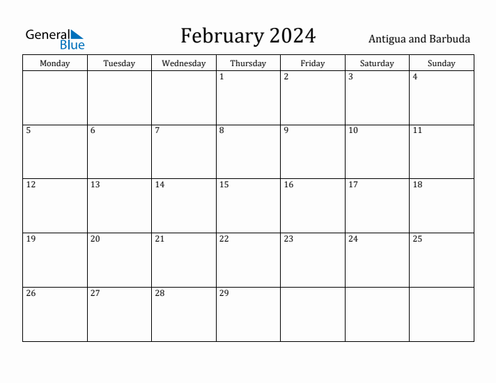 February 2024 Calendar Antigua and Barbuda