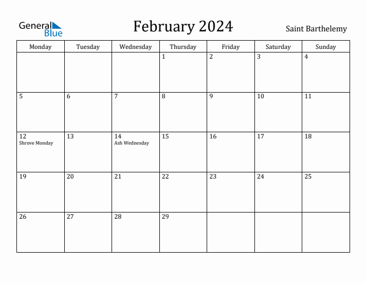 February 2024 Calendar Saint Barthelemy