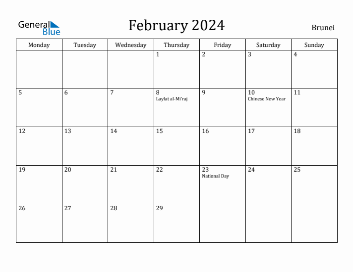 February 2024 Calendar Brunei