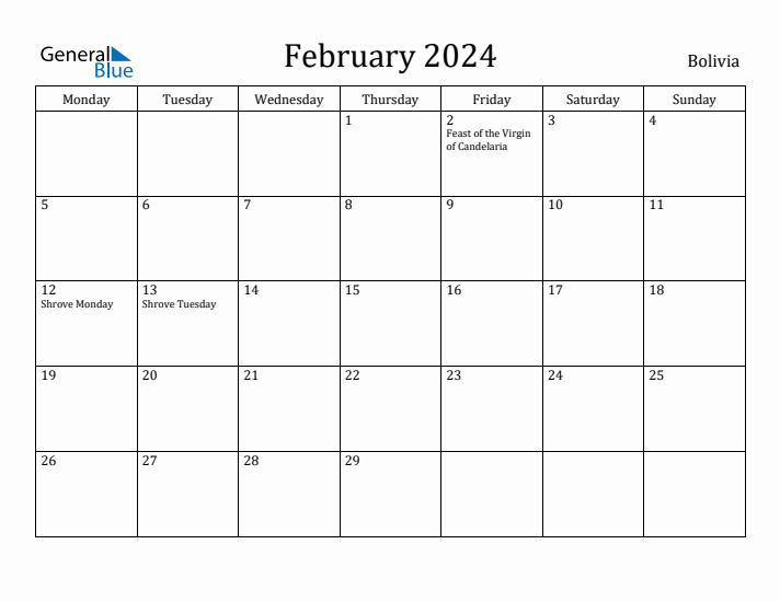 February 2024 Calendar Bolivia