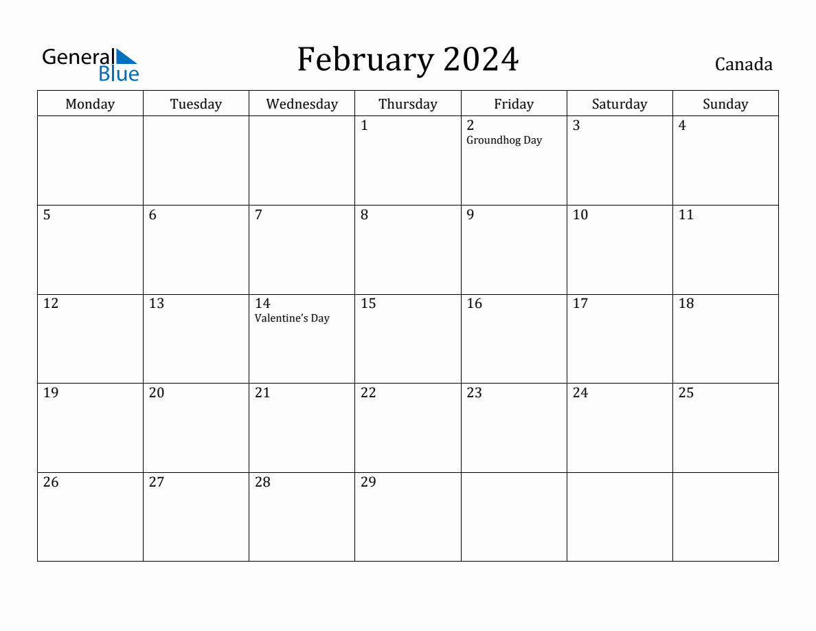 February 2024 Monthly Calendar with Canada Holidays