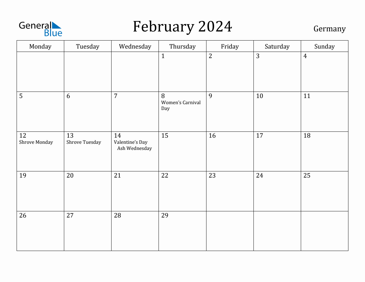 February 2024 Germany Monthly Calendar with Holidays