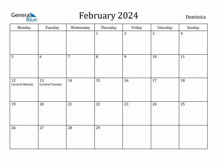 February 2024 Calendar Dominica