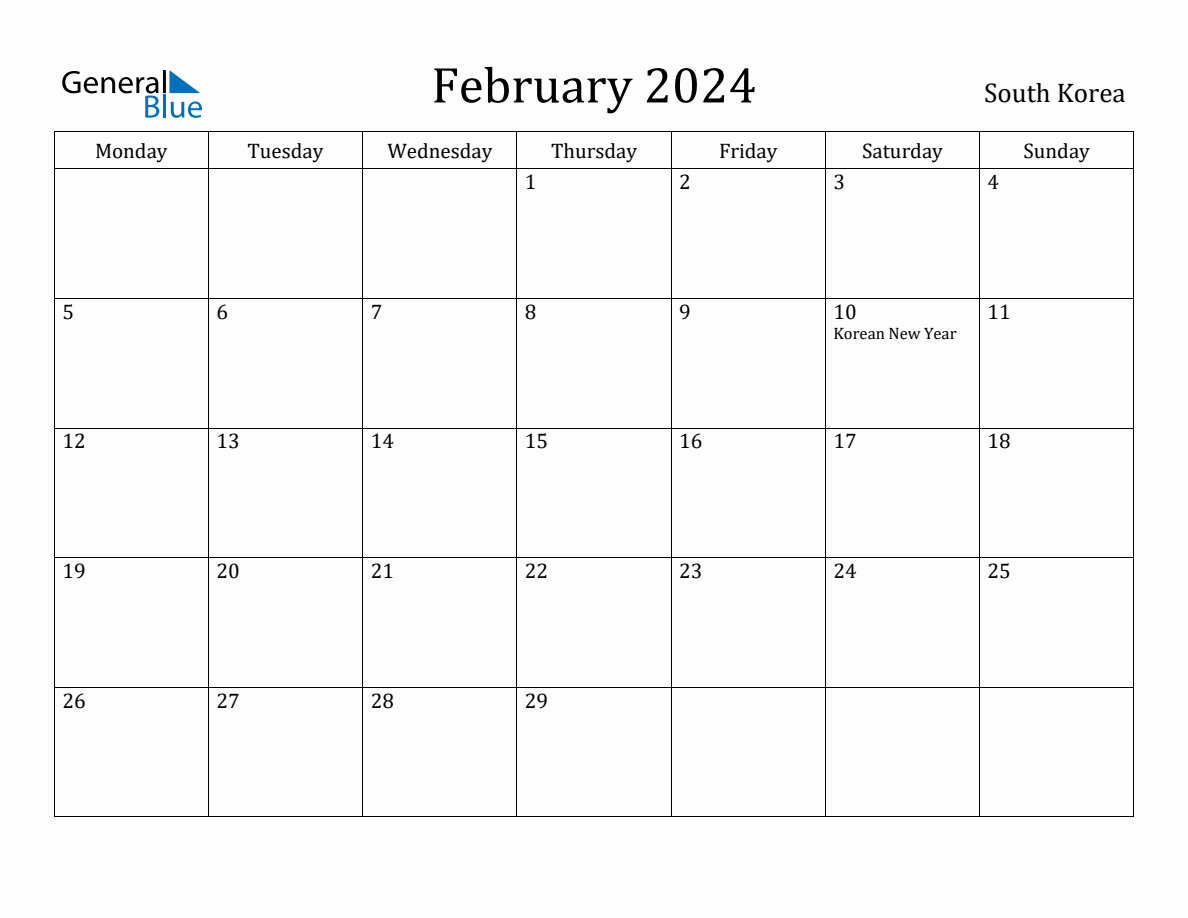 February 2024 South Korea Monthly Calendar with Holidays