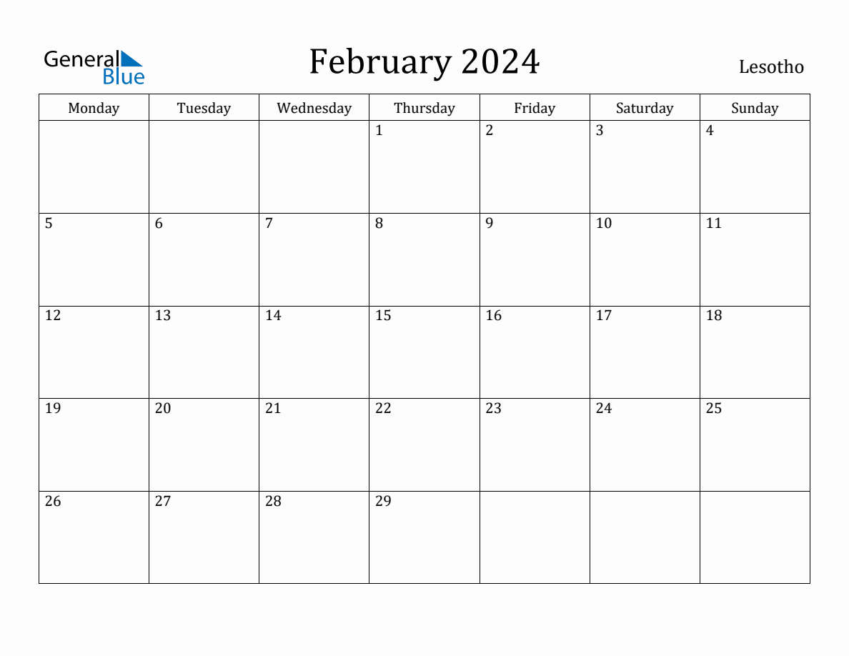 February 2024 Monthly Calendar with Lesotho Holidays