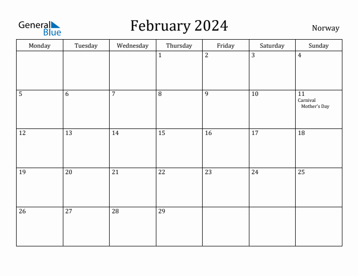 February 2024 Calendar Norway
