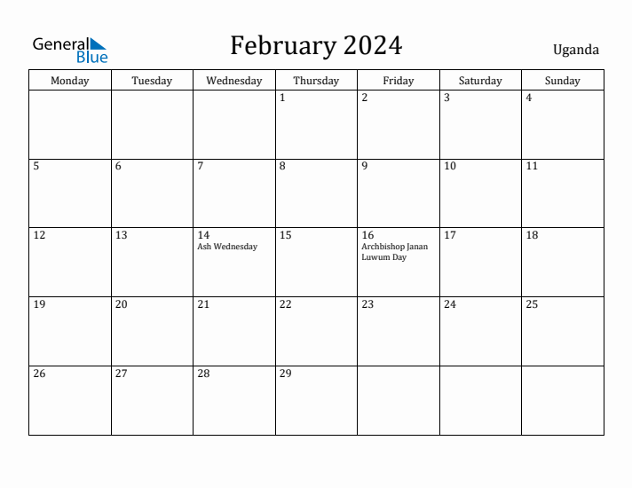 February 2024 Uganda Monthly Calendar with Holidays