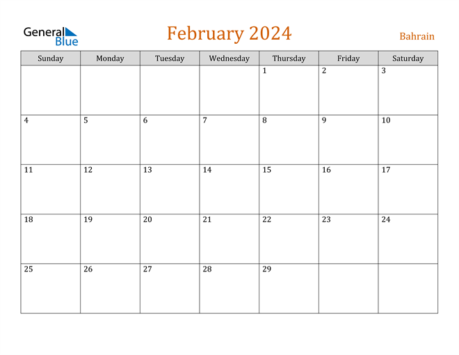 February 2024 Calendar with Bahrain Holidays