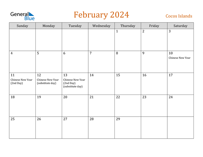 Cocos Islands February 2024 Calendar with Holidays