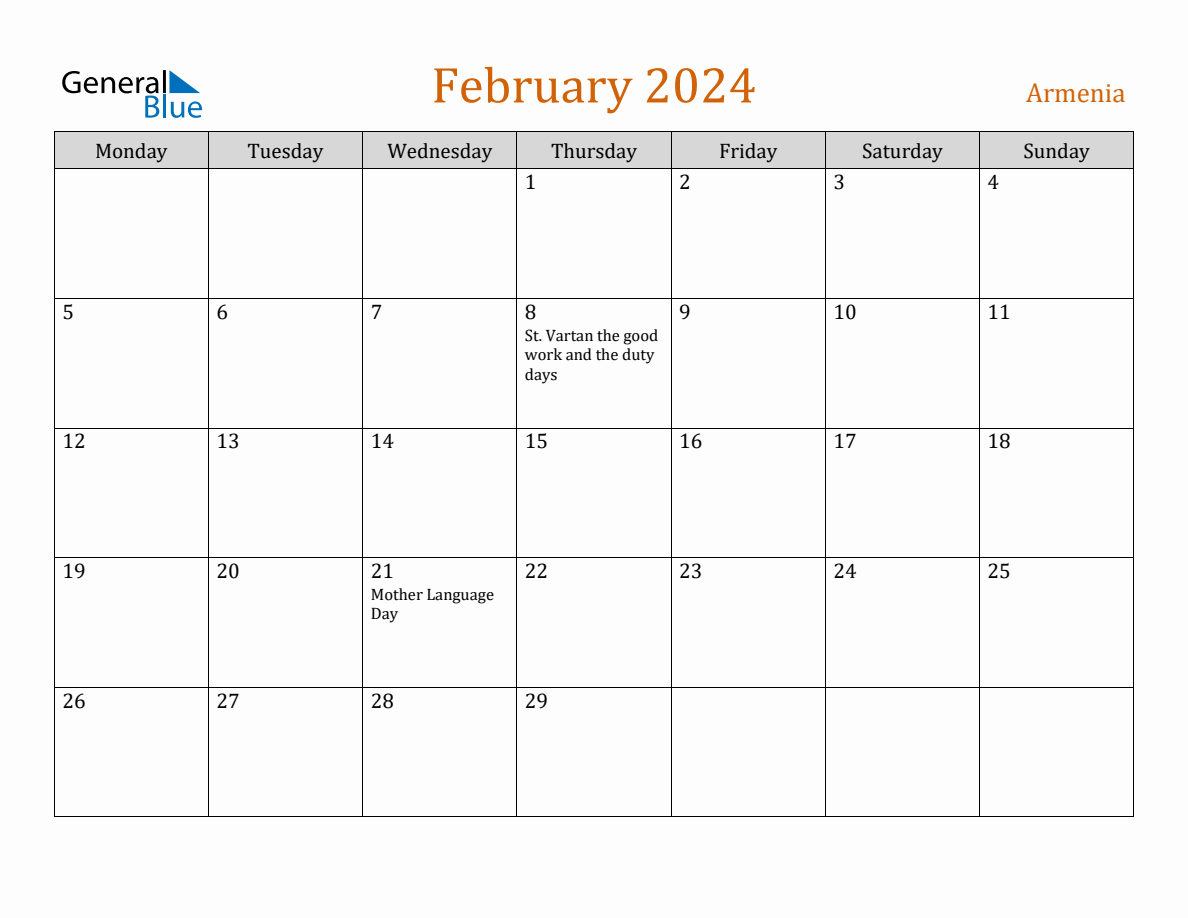 Free February 2024 Armenia Calendar