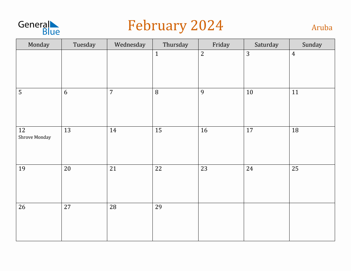Free February 2024 Aruba Calendar